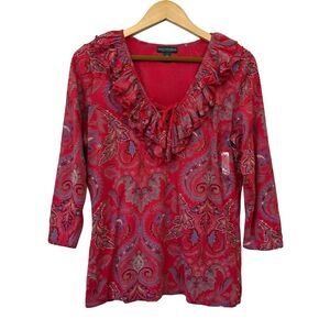 Lauren Ralph Women's 3/4 Sleeve Paisley Ruffled V-Neck Blouse Top in Red Size XL
